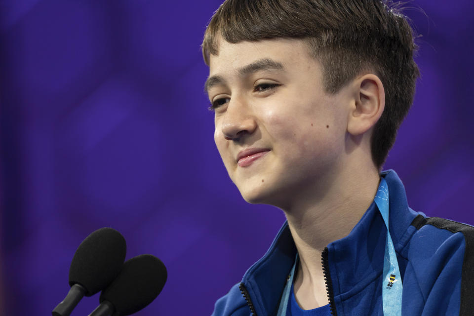 Nathaniel Hersey, 13, from Arlington, Va., competes during the Scripps National Spelling Bee, Wednesday, May 31, 2023, in Oxon Hill, Md. (AP Photo/Nathan Howard)