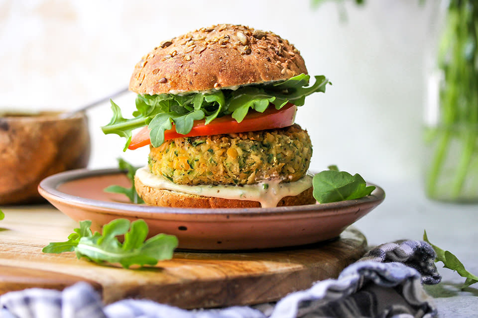 Zucchini-Chickpea Veggie Burgers with Tahini-Ranch Sauce