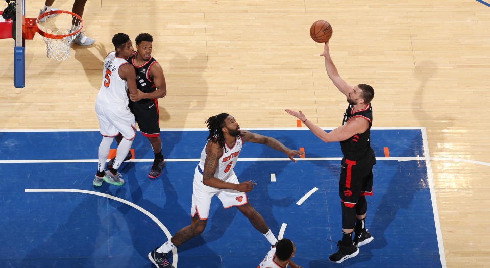 Marc Gasol takes a shot in his debut with the Toronto Raptors against the New York Knicks on Saturday night. (Photo by Nathaniel S. Butler/NBAE via Getty Images)