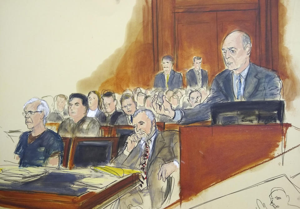 In this courtroom artist's sketch, defendant Jeffrey Epstein, left, and attorney Reid Weingarten, second from right, listen as attorney Martin Weinberg, right, speaks during a bail hearing in federal court, Monday, July 15, 2019 in New York. Epstein's lawyers have insisted he will not run. They want him released on house arrest to his Manhattan home while he awaits trial. Courtney Wild, third from left, said in the hearing that she was abused by the wealthy financier in Palm Beach, Florida, starting at age 14. She called him a "scary person" and urged detention "for the safety of any other girls" out there. (Elizabeth Williams via AP)