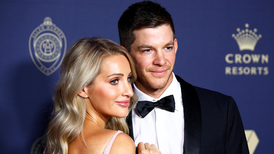 Tim Paine and wife Bonnie Paine arrive ahead of the 2020 Cricket Australia Awards at Crown Palladium. (Photo by Graham Denholm/Getty Images)