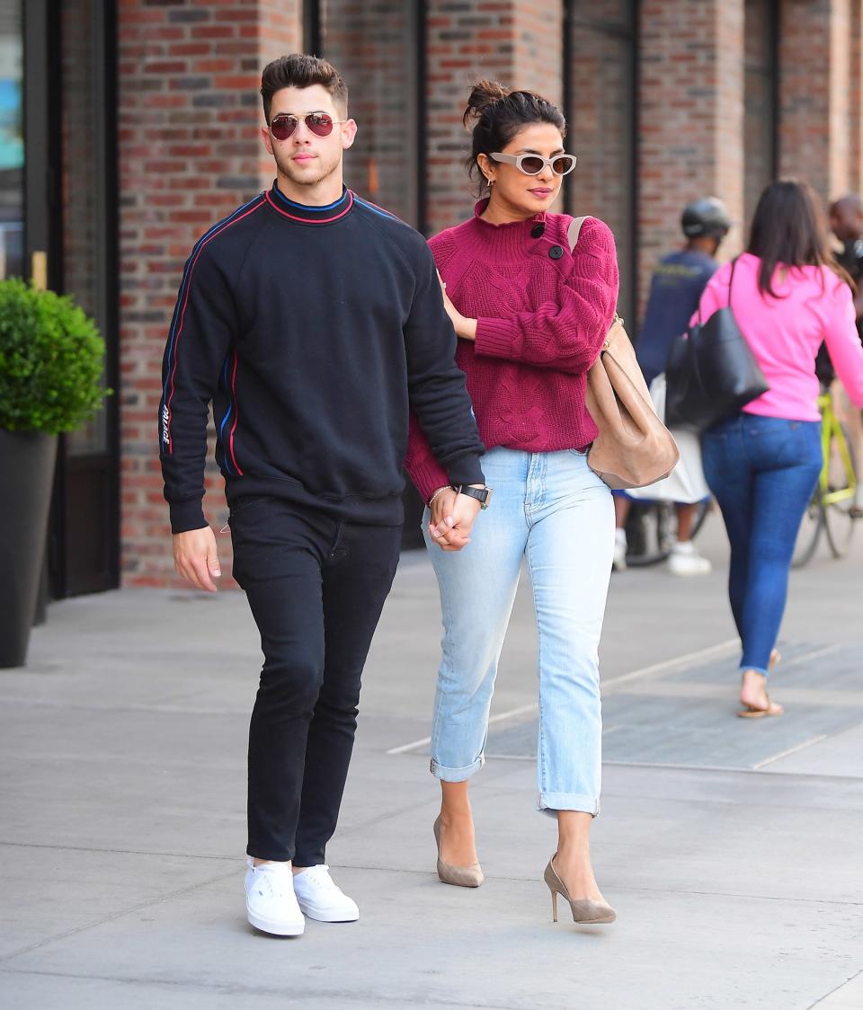 Nick Jonas and Priyanka Chopra Jonas head out after enjoying a rooftop lunch date at Restoration Hardware in N.Y.C. on Monday.