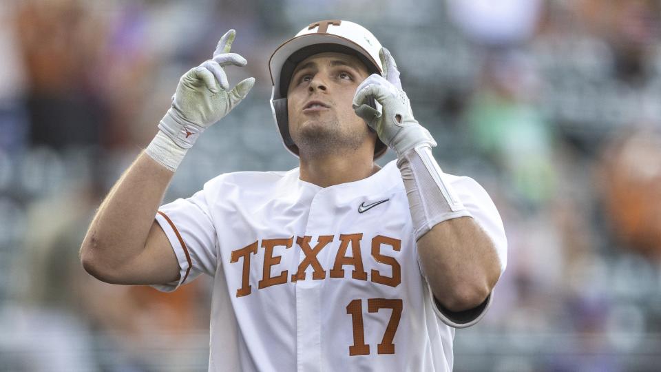 Texas' Ivan Melendez hit his school-record 29th home run of the season Sunday against Oklahoma during the Big 12 Tournament at Globe Life Field in Arlington. He'll lead the Longhorns into the NCAA postseason; Texas is hosting a regional this weekend.