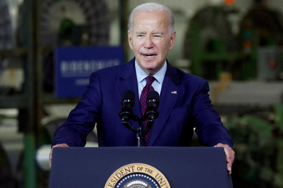 Biden speaks at Auburn Manufacturing in Auburn, Maine, on July 28.