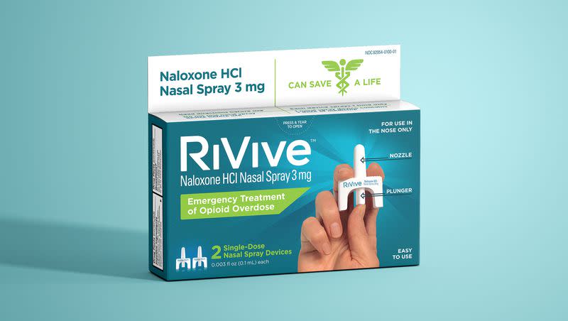 A container of RiVive nasal spray, a recently approved over the counter form of naloxone, is pictured. The drug is expected to cost significantly less than other opioid overdose reversal drugs.