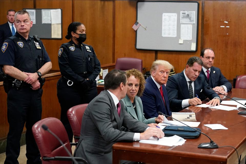 Former President Donald Trump sits at the defense table with his defense team in a Manhattan court, Tuesday, April 4, 2023, in New York. Trump is set to appear in a New York City courtroom on charges related to falsifying business records in a hush money investigation, the first president ever to be charged with a crime.