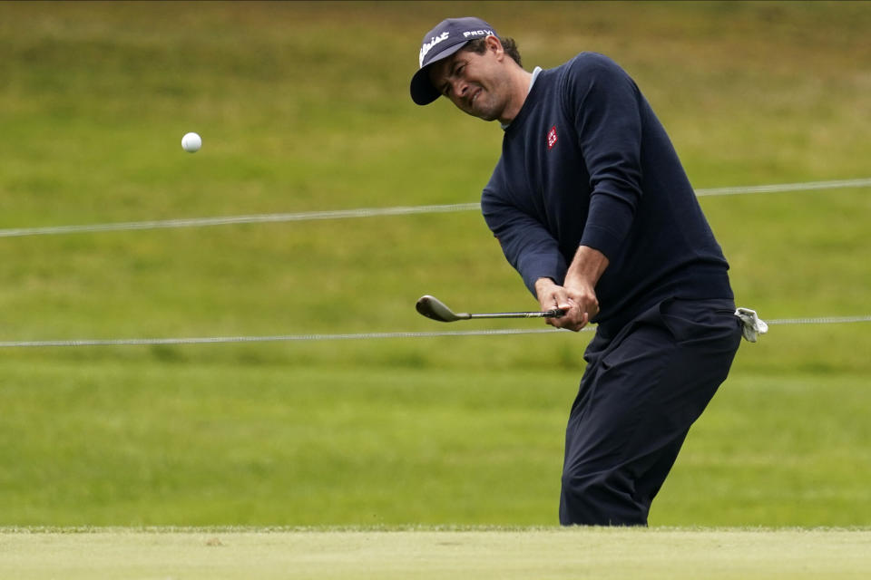 Adam Scott hits from the bunker on the seventh hole during the third round of the PGA Championship golf tournament at TPC Harding Park Saturday, Aug. 8, 2020, in San Francisco. (AP Photo/Jeff Chiu)