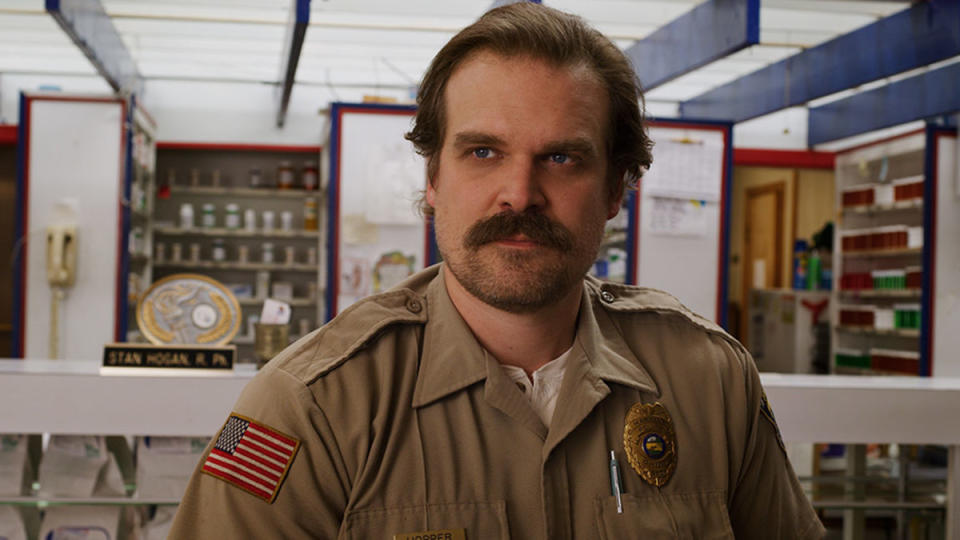 <p>Courtesy of Netflix</p><p><em>Stranger Things </em>isn’t streaming at the moment, but David Harbor’s Hopper is such a recognizable character it doesn't matter. You can go in one of two ways: Rock a trooper uniform or go for his off-duty look. He's known for donning a floral shirt alongside his excellent ‘stache. As it turns out, Tom Selleck’s Magnum P.I. also rocks the same look. It’s your call, but either way, all it requires is your favorite Hawaiian shirt and some light wash jeans. </p>