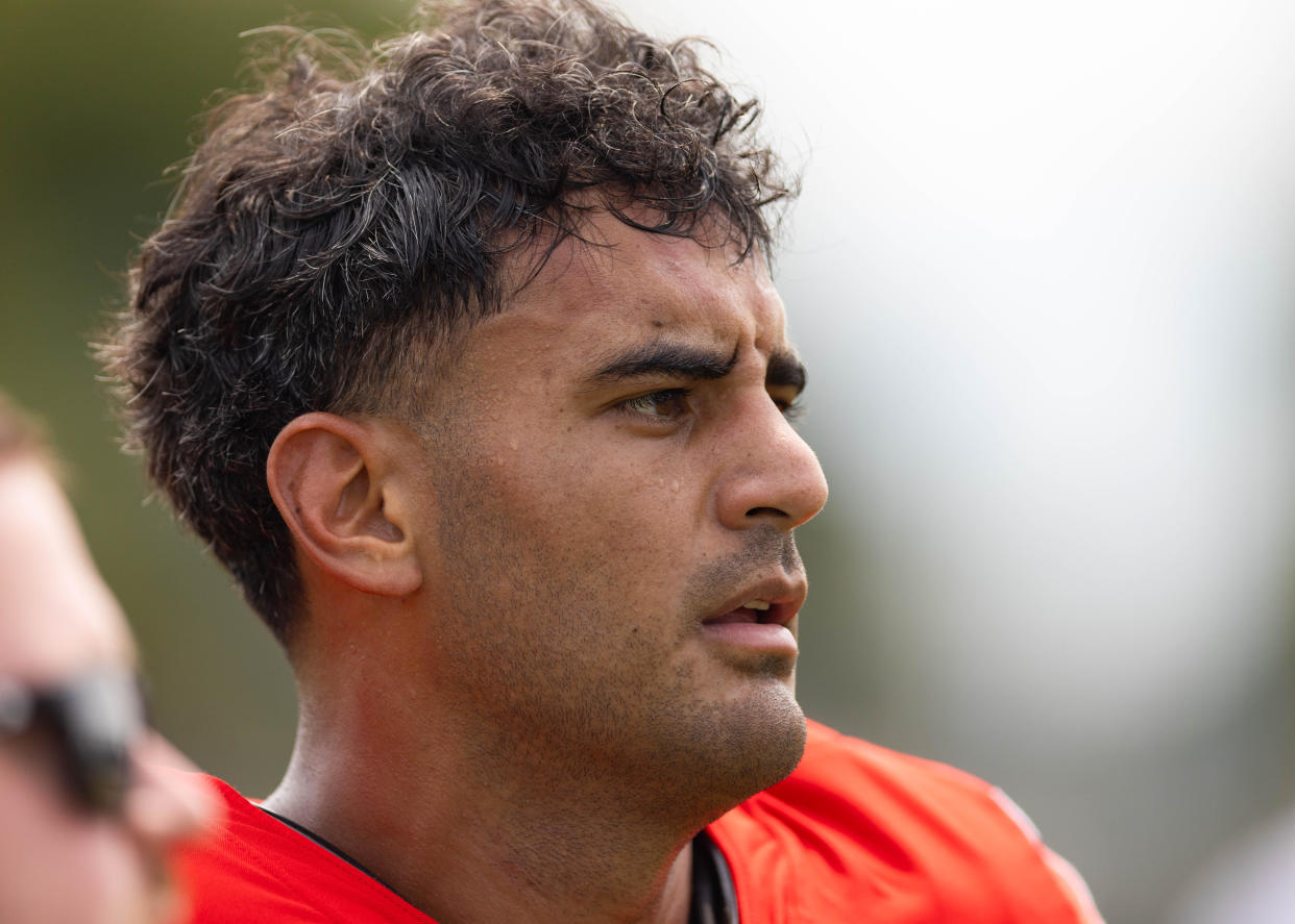 Aug 3, 2023; Philadelphia, PA, USA; Philadelphia Eagles quarterback Marcus Mariota looks on during practice at Novacare Complex. Mandatory Credit: Bill Streicher-USA TODAY Sports