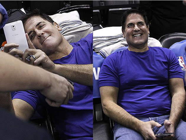 Mark Cuban pre (L) and post (R) tweet. (Getty Images)