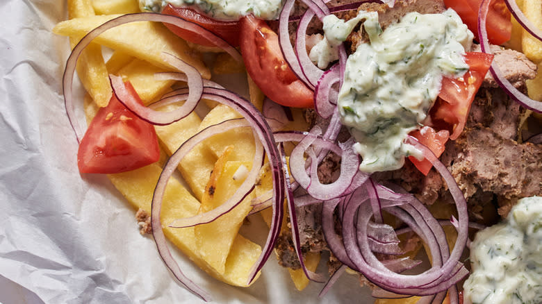 Close up of gyro fries on plate 