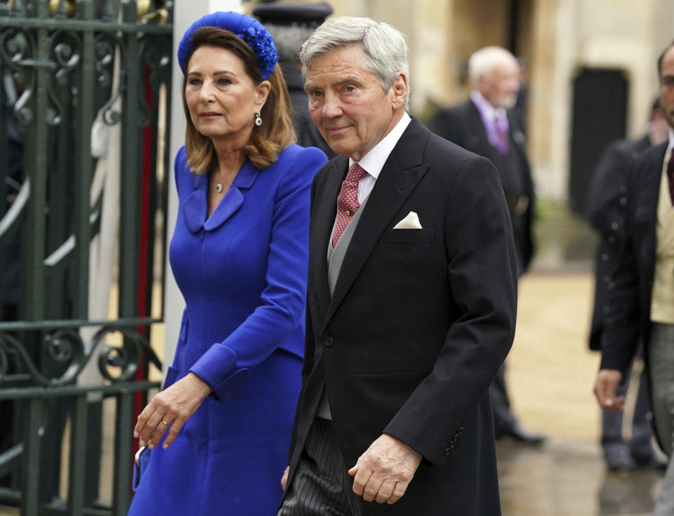 Michael and Carole Middleton arrive at Westminster Abbey ahead of the coronation of King Charles III and Camilla, the Queen Consort, in London, Saturday, May 6, 2023.  (Andrew Milligan / AP)