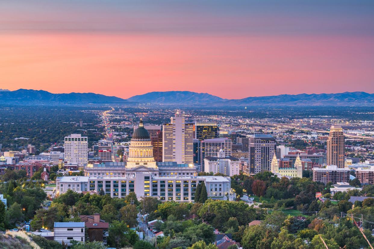 Salt Lake City, Utah, USA downtown city skyline at dusk.