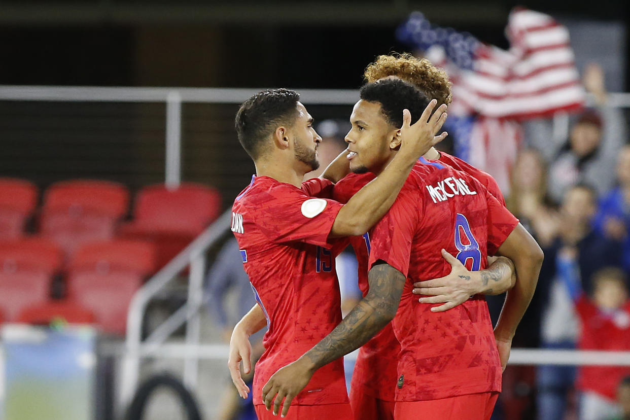 Weston McKennie (8) recorded the quickest hat trick from the opening whistle in USMNT history in the 7-0 win over Cuba. (Reuters)