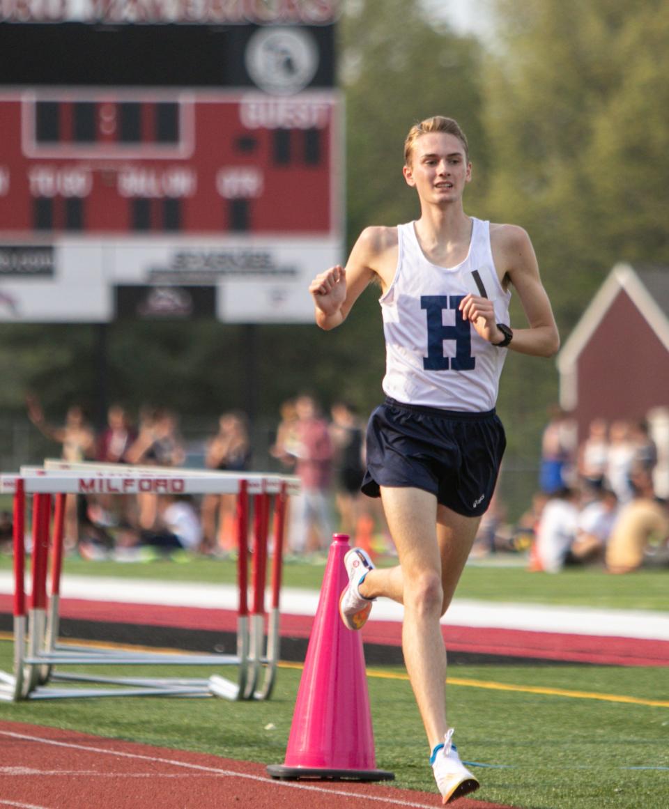 Hartland's Riley Hough won the 1,600 and 3,200 in the Division 1 regional track and field meet Friday, May 20, 2022 in Milford.