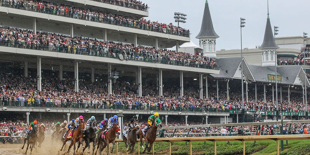 04 may 2013 mike smith aboard palace malice 10 and kevin krigger aboard goldencents 8 lead the field at the start of the 2013 kentucky derby at churchill downs, in louisville, kentucky photo by robin alamicon smicorbisicon sportswire via getty images