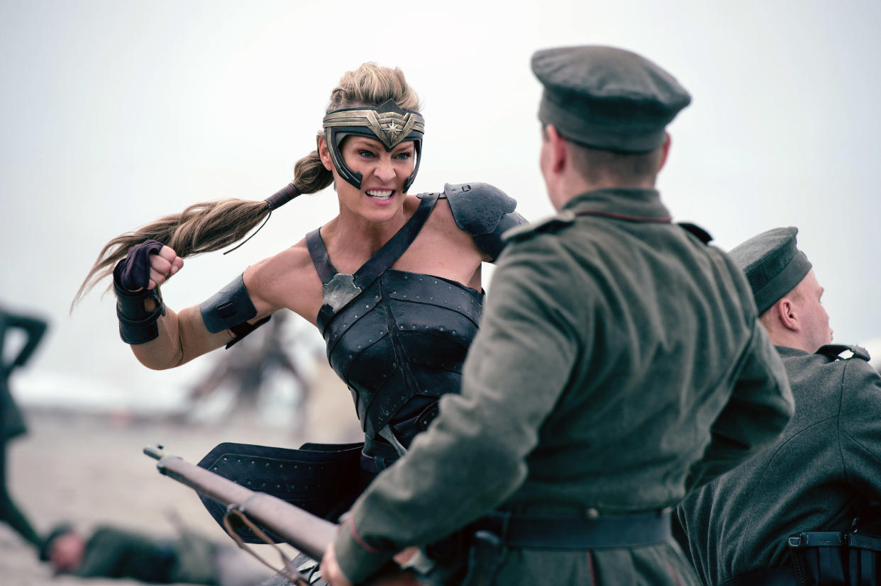 Wright races into battle as Amazonian general, Antiope in Wonder Woman. (Photo: Alex Bailey/Warner Bros./Courtesy Everett Collection