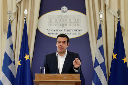 Newly appointed Greek Foreign Minister and Prime Minister Alexis Tsipras delivers a speech during a hand over ceremony at the Foreign Ministry, in Athens, Greece, October 20, 2018. REUTERS/Costas Baltas