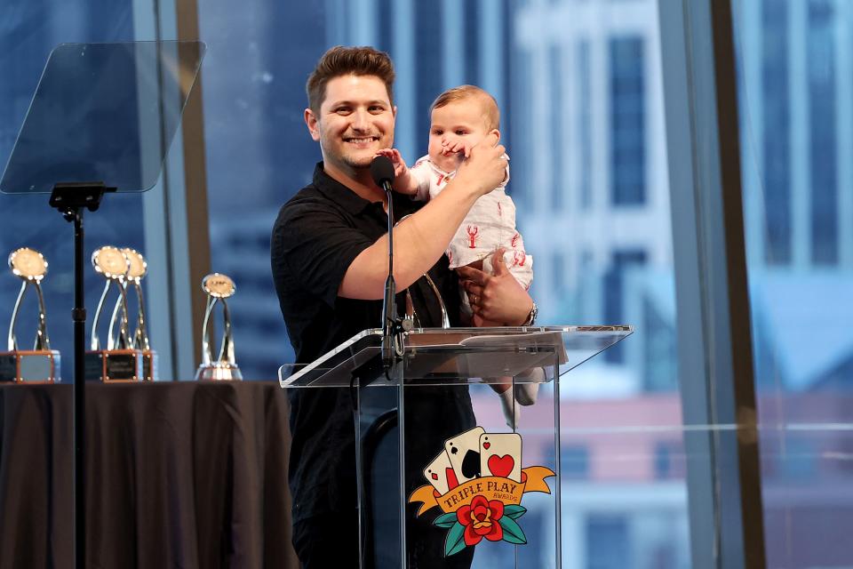 2024 CMA Triple Play Award recipient Jordan Schmidt speaks onstage during the 14th CMA Triple Play Awards at Country Music Hall of Fame and Museum on April 15, 2024 in Nashville, Tennessee. (Photo by Terry Wyatt/Getty Images)