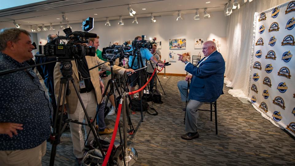 Henderson's Sam Ball addresses the media during the induction ceremonies for the Kentucky Athletic Hall of Fame in 2018.