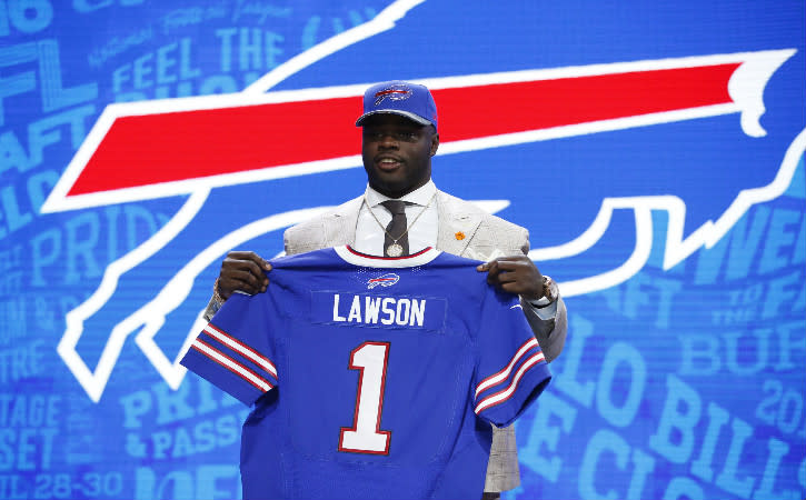 Apr 28, 2016; Chicago, IL, USA; Shaq Lawson (Clemson) after being selected by the Buffalo Bills as the number nineteen overall pick in the first round of the 2016 NFL Draft at Auditorium Theatre. Mandatory Credit: Kamil Krzaczynski-USA TODAY Sports