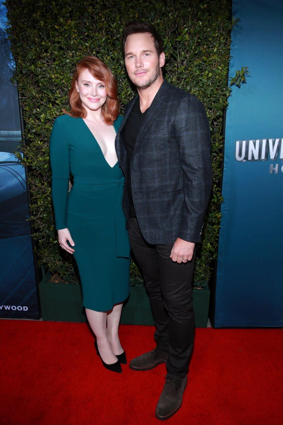 Bryce Dallas Howard and Chris Pratt attend the grand opening celebration of & # 39; Jurassic World -The Ride & # 39;  at Universal Studios Hollywood on July 22, 2019 in Universal City, California.