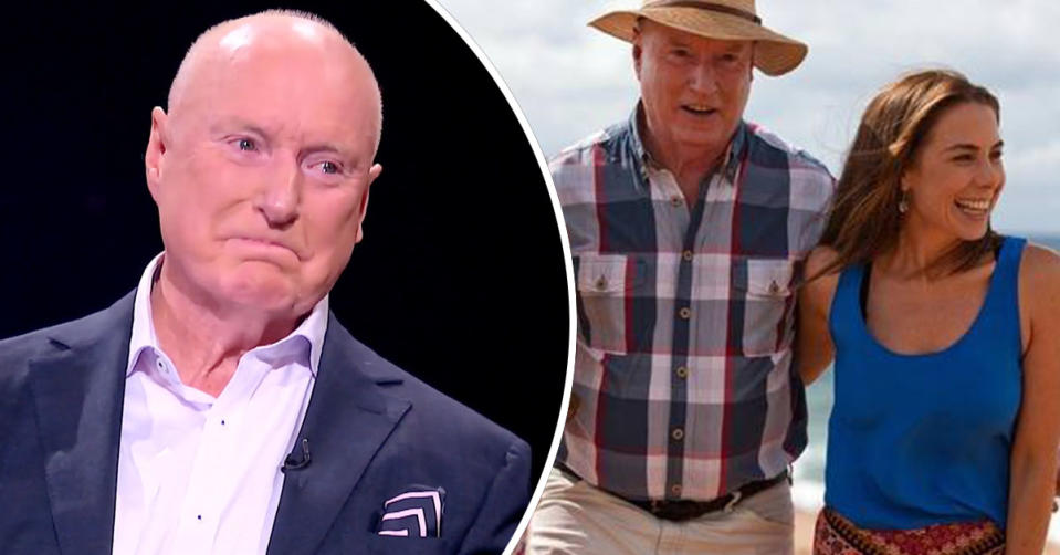 L: Home and Away star Ray Meagher tears up on the set of This Is Your Life. R: Ray Meagher and Kate Ritchie on the set of Home and Away