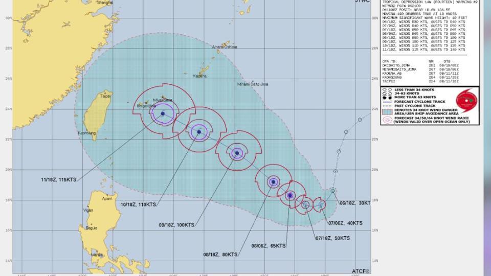 美軍聯合颱風警報中心針對該熱帶系統，最新預報朝日本宮古島、石垣島前進。（圖／翻攝JTWC）