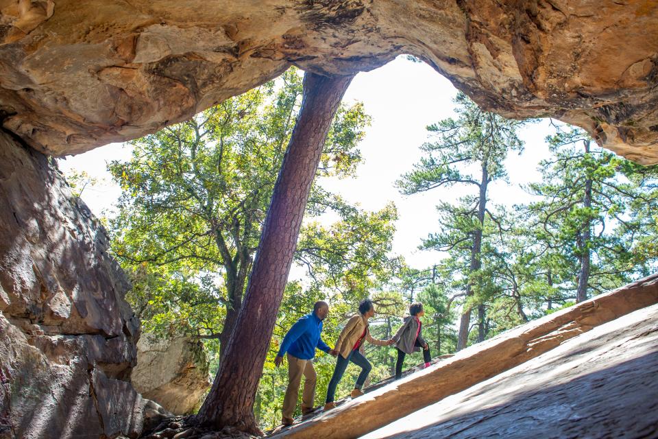 Robbers Cave State Park in Wilburton offers 30 miles of hiking trails to enjoy, including a hike up to Robbers Cave, known as a hideout for notable outlaws such as Jesse James and Belle Starr.