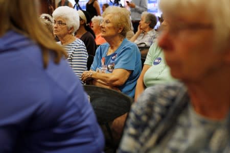 Supporters listen as Democratic 2020 U.S. presidential candidate and former Vice President Joe Biden speaks at an event at Iowa Wesleyan University in Mount Pleasant