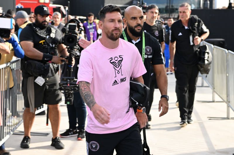 Inter Miami forward Lionel Messi arrives to play a Leagues Cup match against Cruz Azul on Friday at DRV PNK Stadium in Fort Lauderdale, Fla. Photo by Larry Marano/UPI