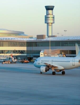 An airplane taxis at Pearson International Airport. (CNW Group/Unifor)