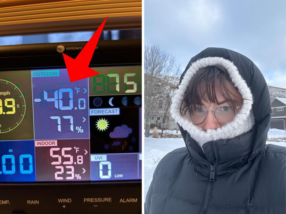 Side-by-side photos of a thermostat displaying a temperature of -40 degrees, and the author in all her winter gear.