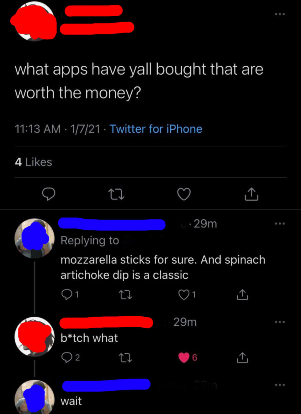 Twitter conversation. First tweet asks, "what apps have yall bought that are worth the money?" Comments suggest mozzarella sticks, spinach artichoke dip, and express confusion