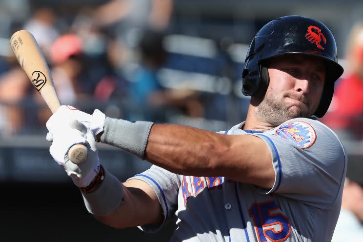 Tim Tebow managed his first hit in the AFL on Tuesday. (Getty Images/Christian Petersen)