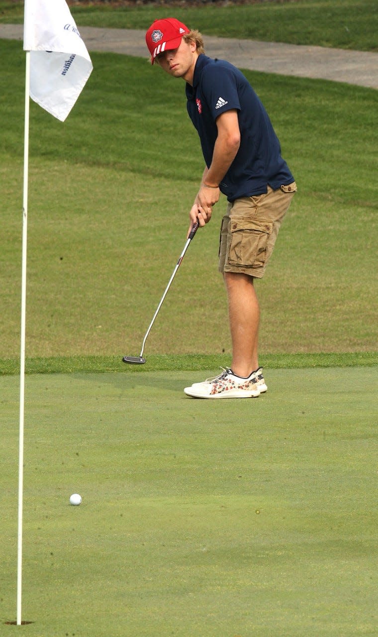 BNL junior Colton Staggs follows a long putt during the Stars' HHC championship win Saturday at Otis Park.