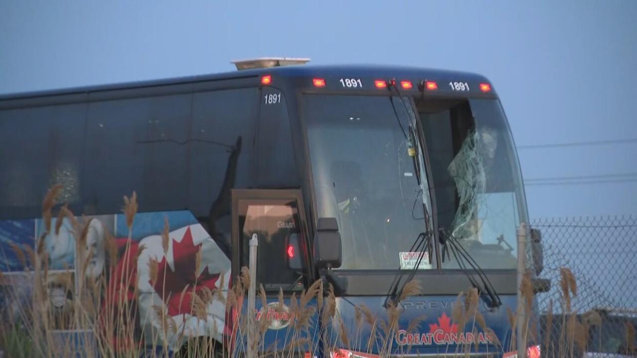 Ontario Provincial Police say a 47-year-old Toronto man who was travelling on a coach bus was killed after a flying wheel smashed through the bus Friday. (CBC - image credit)