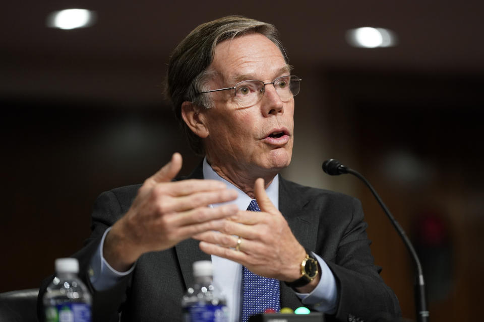 U.S. Ambassador to China nominee Nicholas Burns speaks during a hearing to examine his nomination before the Senate Foreign Relations Committee on Capitol Hill in Washington, Wednesday, Oct. 20, 2021. (AP Photo/Patrick Semansky)