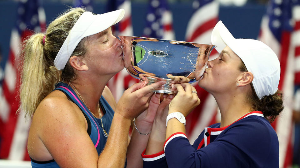 Ash Barty and CoCo Vandeweghe celebrate their US Open doubles title. Pic: Getty