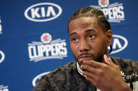 Kawhi Leonard attends a press conference in Los Angeles, Wednesday, July 24, 2019. Nearly three weeks after the native Southern California superstars shook up the NBA by teaming up with the Los Angeles Clippers, the dynamic duo makes its first public appearance. (AP Photo/Ringo H.W. Chiu)