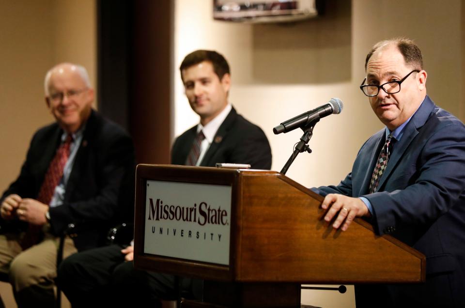 Missouri State Athletic Director Kyle Moats speaks at a press conference introducing Ryan Beard as the new head football coach of the Missouri State Bears on Monday, Dec. 19, 2022. 
