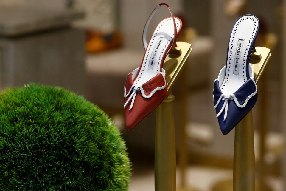 MOSCOW, RUSSIA - MARCH 28 : Women's luxury stiletto heeled shoes, manufactured by Manolo Blahnik, sit on display at the GUM department store on Red Square in Moscow, Russia on March 28, 2019. (Photo by Sefa Karacan/Anadolu Agency/Getty Images)