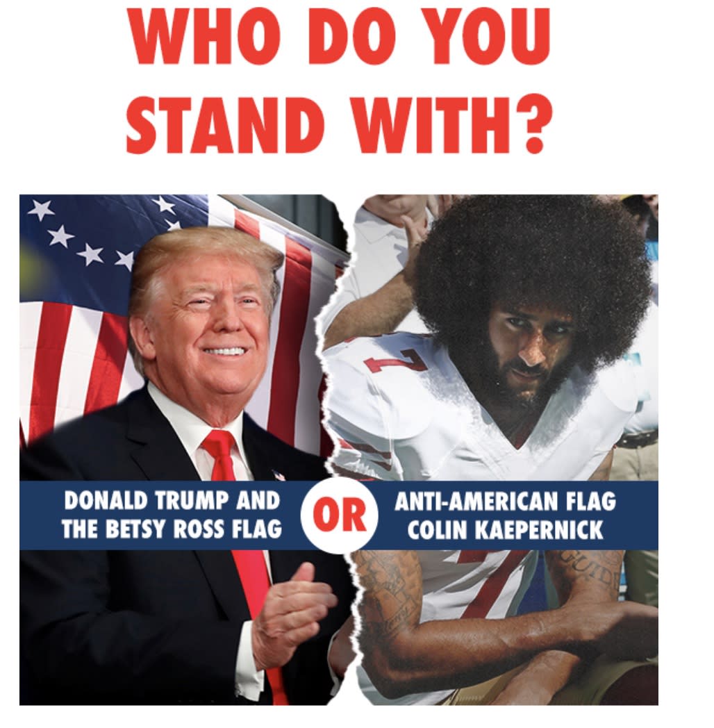 Photos of Donald Trump and Colin Kaepernick as they appeared in a July 10, 2019 National Republican Congressional Committee fundraising email. (Photo: NRCC)