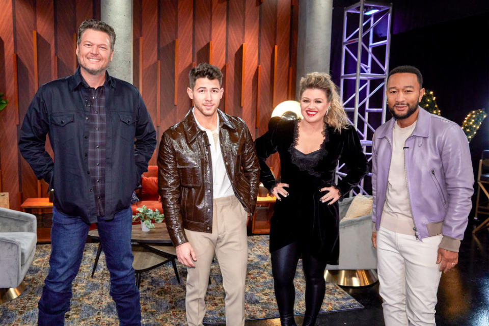 Blake Shelton, Nick Jonas, Kelly Clarkson, and John Legend