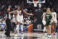 South Carolina forward Aliyah Boston (4) questions an official during the first half in a second-round college basketball game against South Florida in the NCAA Tournament, Sunday, March 19, 2023, in Columbia, S.C. (AP Photo/Sean Rayford)