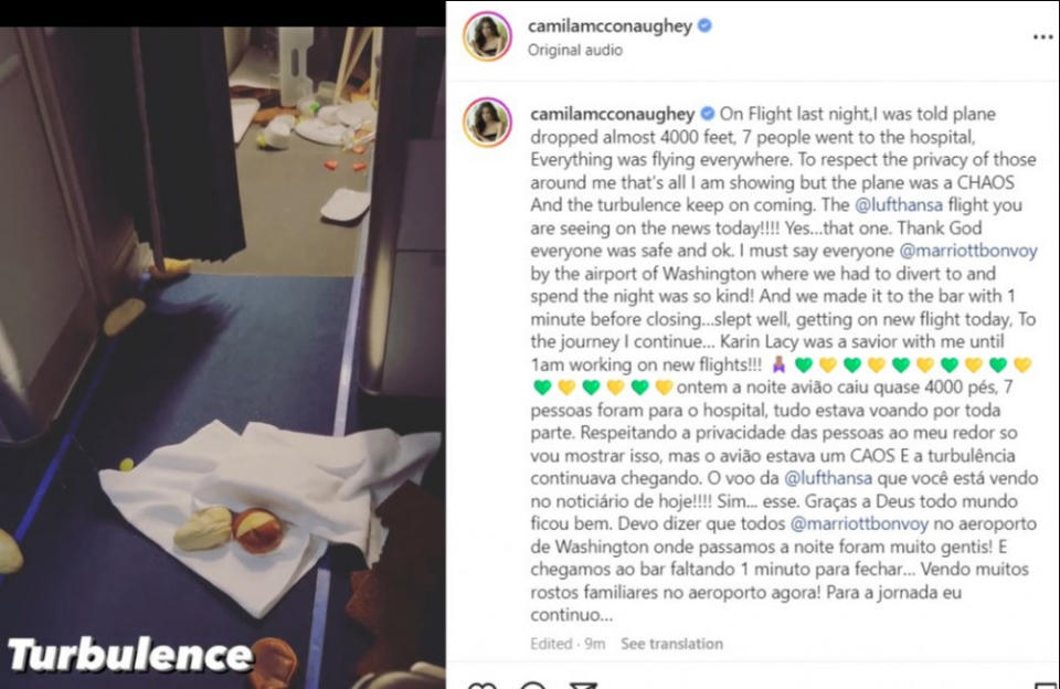 Camila Alves has told of the 'chaos' that ensued when a flight she was on this week had to make an emergency landing - Instagram credit:Bang Showbiz
