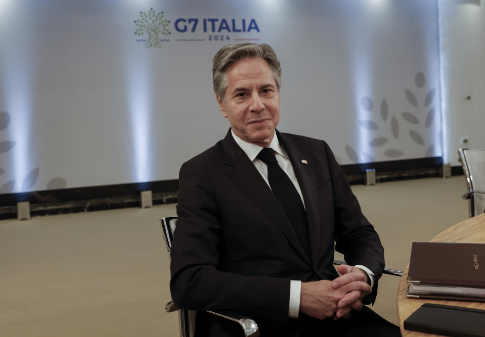 U.S. Secretary of State Antony Blinken attends a meeting on the second day of a G7 foreign ministers meeting on Capri island, Italy, Thursday April 18, 2024. (Remo Casilli/Pool via AP)