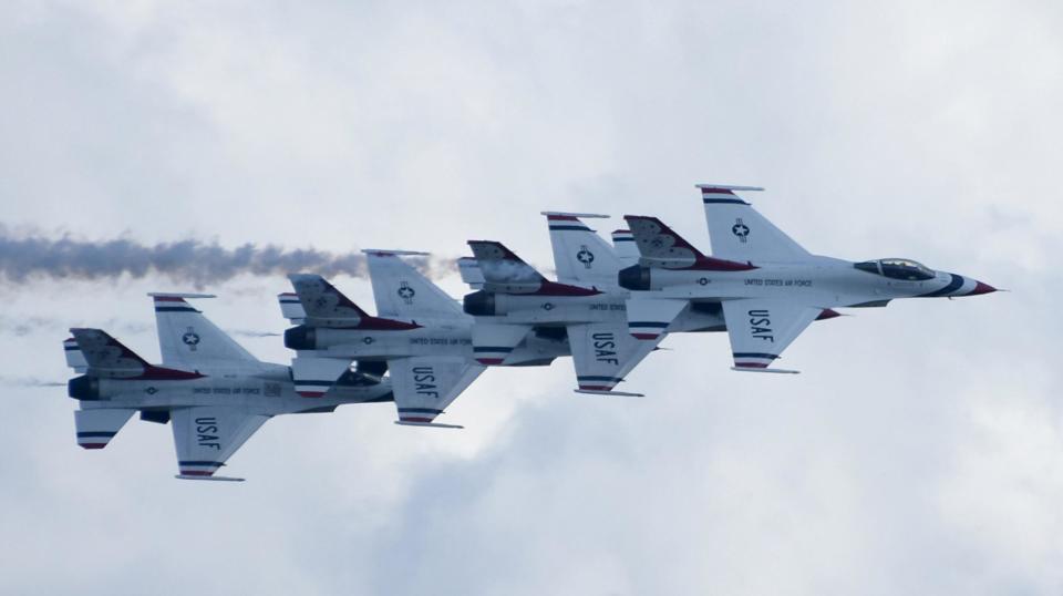 The U.S. Air Force Thunderbirds demonstration team performs in 2019 at the Florida International Air Show.