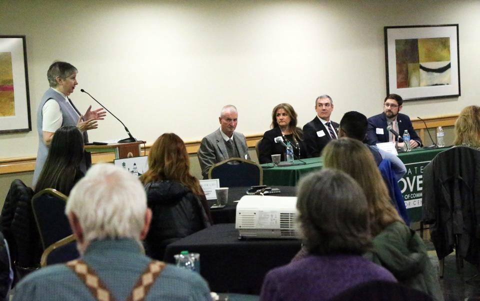 Greater Dover Chamber of Commerce President Margaret Joyce leads a panel discussion during the State of the City event Thursday, March 28, 2024.