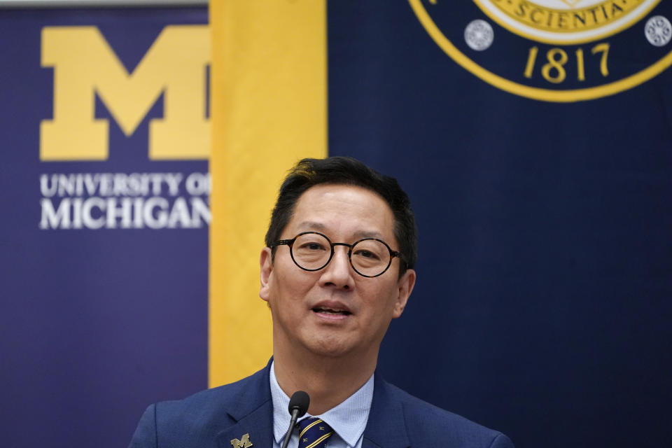 Santa Ono addresses the media after being introduced as the new president of the University of Michigan, Wednesday, July 13, 2022, in Ann Arbor, Mich. Ono becomes UM's 15th president and its first minority and Asian chief executive — the son of Japanese immigrants who came to the United States after World War II. The 59-year-old Ono has led the University of British Columbia for nearly six years after guiding the University of Cincinnati for four years. (AP Photo/Carlos Osorio)